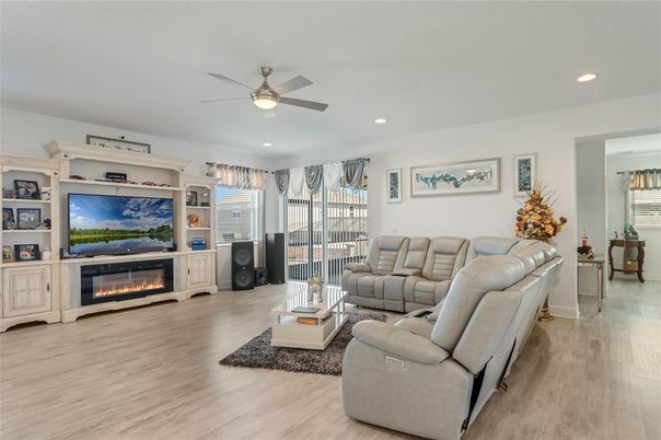 Fireplace, Interior, Living room, Recessed Lighting, Wood Texture Flooring
