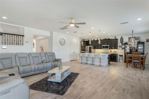 Dining room, Interior, Kitchen, Living room, Pendant Lights, Recessed Lighting, Stainless Steel Appliances, Wood Texture Flooring