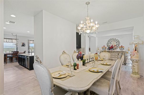 Chandelier, Dining room, Interior, Pendant Lights, Recessed Lighting, Wood Texture Flooring