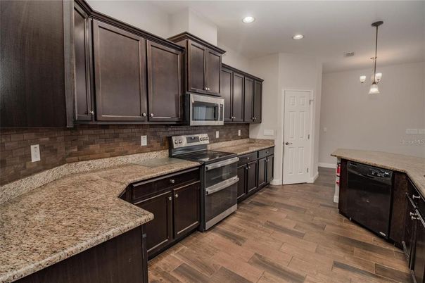 Interior, Kitchen, Pendant Lights, Recessed Lighting, Wood Texture Flooring