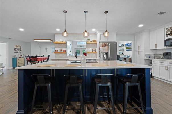 Interior, Kitchen, Pendant Lights, Recessed Lighting, Stainless Steel Appliances, Wood Texture Flooring