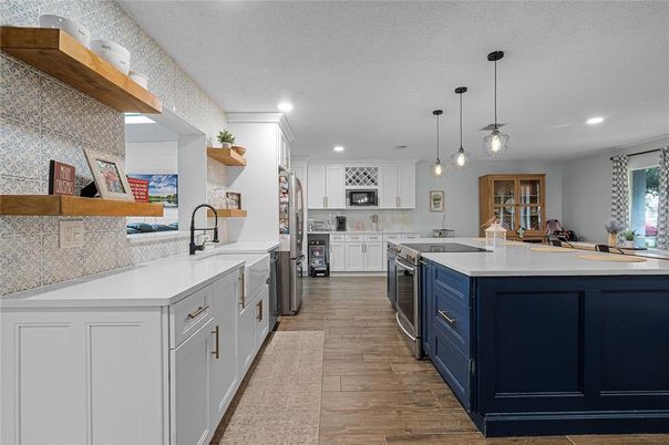 Interior, Kitchen, Pendant Lights, Recessed Lighting, Stainless Steel Appliances, Wood Texture Flooring