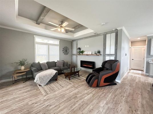 Fireplace, Interior, Living room, Recessed Lighting, Wood Texture Flooring