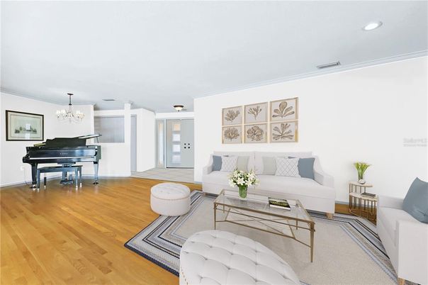 Chandelier, Interior, Living room, Piano, Recessed Lighting, Wood Texture Flooring