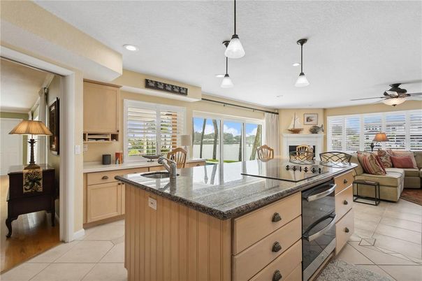 Fireplace, Interior, Kitchen, Living room, Pendant Lights, Recessed Lighting, Wood Texture Flooring