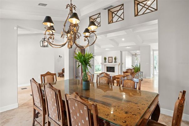 Chandelier, Dining room, Fireplace, Interior, Recessed Lighting
