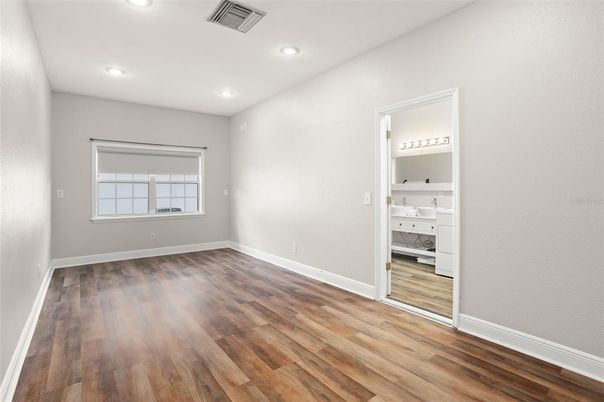 Bathroom, Empty room, Interior, Recessed Lighting, Wood Texture Flooring
