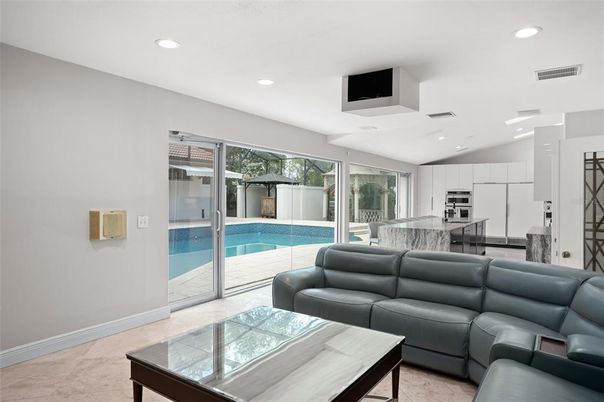 Interior, Kitchen, Living room, Pool, Recessed Lighting, Stainless Steel Appliances