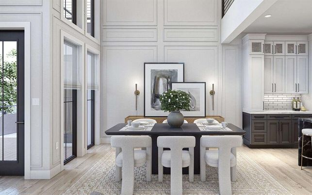 Dining room, Interior, Recessed Lighting, Wood Texture Flooring