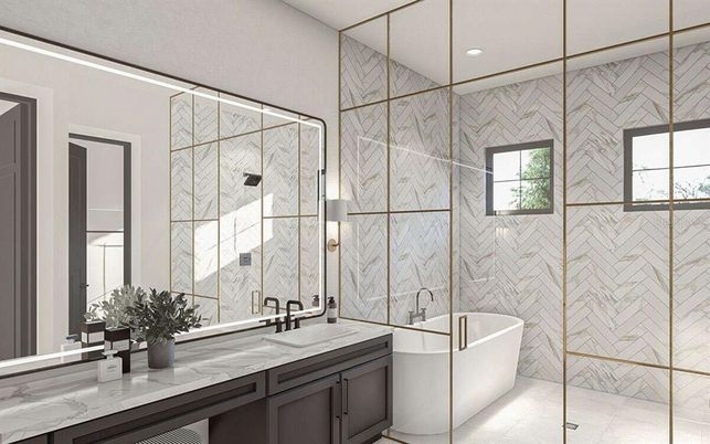 Bathroom, Dual Sink Vanities, Free Standing Baths, Glass Shower, Interior, Marble Walls, Recessed Lighting