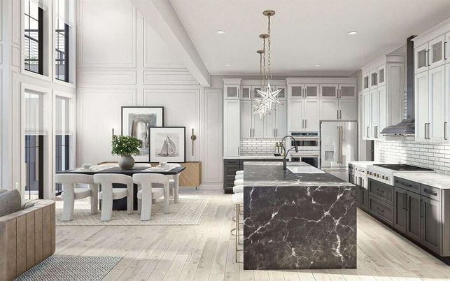 Dining room, Interior, Kitchen, Pendant Lights, Recessed Lighting, Stainless Steel Appliances, Wood Texture Flooring