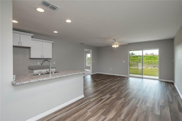 Empty room, Interior, Kitchen, Recessed Lighting, Wood Texture Flooring