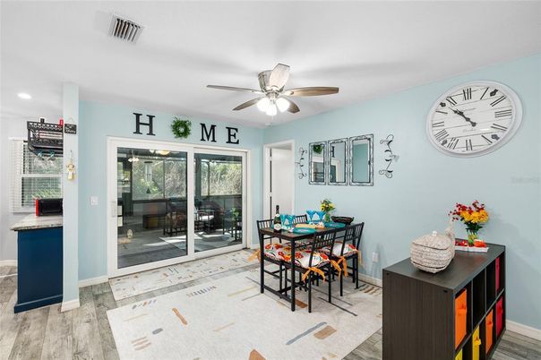 Dining room, Interior, Recessed Lighting, Wood Texture Flooring