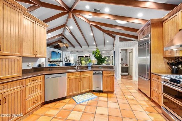 Interior, Kitchen, Recessed Lighting, Stainless Steel Appliances, Wooden Beams