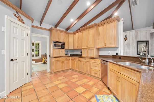 Interior, Kitchen, Recessed Lighting, Stainless Steel Appliances, Wooden Beams