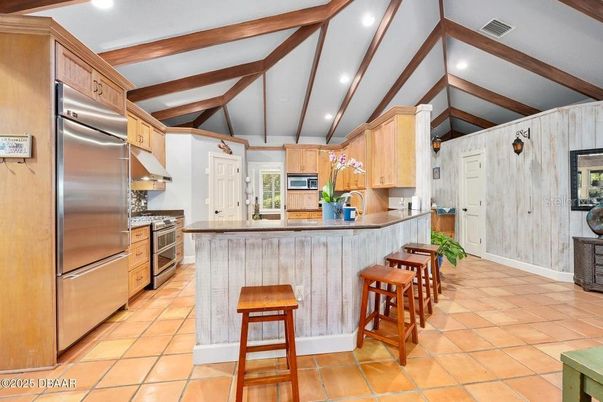 Interior, Kitchen, Recessed Lighting, Stainless Steel Appliances, Wooden Beams