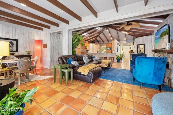 Dining room, Fireplace, Interior, Living room, Recessed Lighting, Wooden Beams