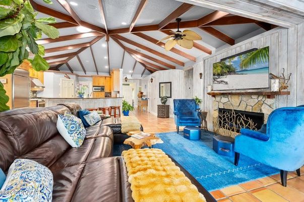 Fireplace, Interior, Kitchen, Living room, Recessed Lighting, Wooden Beams