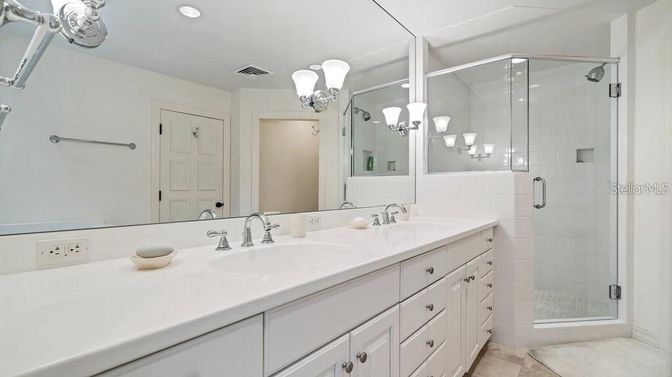 Bathroom, Dual Sink Vanities, Glass Shower, Interior, Recessed Lighting