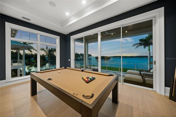 Billiard Table, Game Room, Interior, Recessed Lighting, Water, Wood Texture Flooring