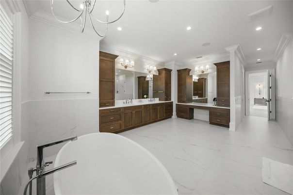Bathroom, Chandelier, Dual Sink Vanities, Free Standing Baths, Interior, Marble, Recessed Lighting