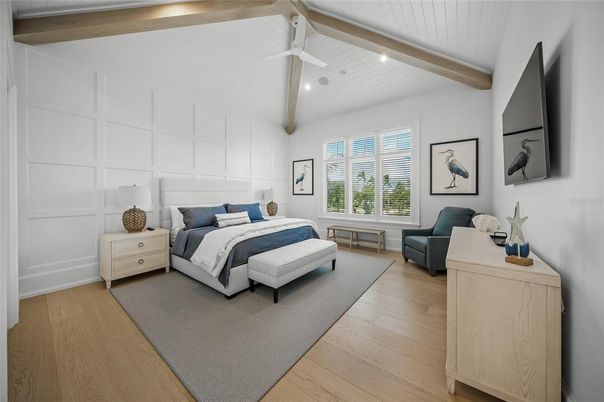Bedroom, Interior, Recessed Lighting, Wooden Beams, Wood Texture Flooring