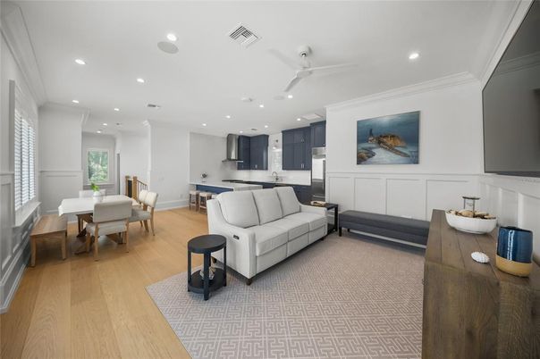 Dining room, Interior, Kitchen, Living room, Recessed Lighting, Wood Texture Flooring
