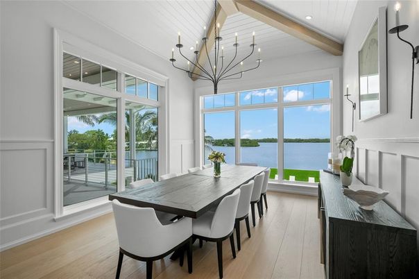 Chandelier, Dining room, Interior, Recessed Lighting, Water, Wooden Beams, Wood Texture Flooring