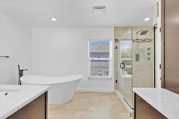 Bathroom, Free Standing Baths, Glass Shower, Interior, Marble, Recessed Lighting
