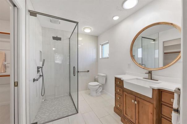 Bathroom, Dual Sink Vanities, Glass Shower, Interior, Recessed Lighting