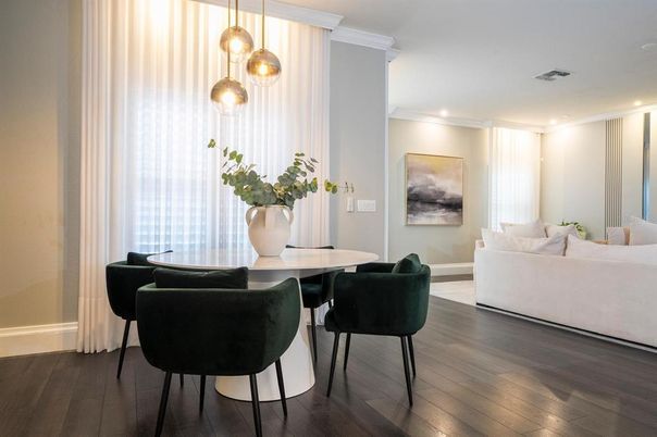 Dining room, Interior, Living room, Pendant Lights, Recessed Lighting, Wood Texture Flooring