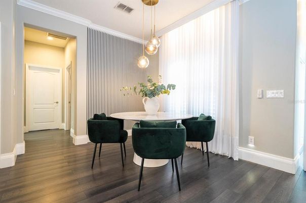 Dining room, Interior, Pendant Lights, Recessed Lighting, Wood Texture Flooring