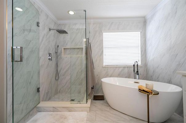 Bathroom, Free Standing Baths, Glass Shower, Interior, Marble, Marble Walls, Recessed Lighting