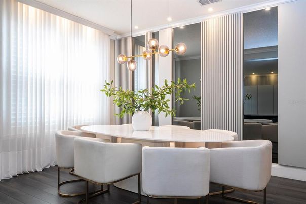 Dining room, Interior, Pendant Lights, Recessed Lighting, Wood Texture Flooring