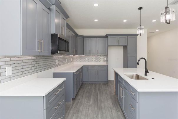 Interior, Kitchen, Pendant Lights, Recessed Lighting, Wood Texture Flooring