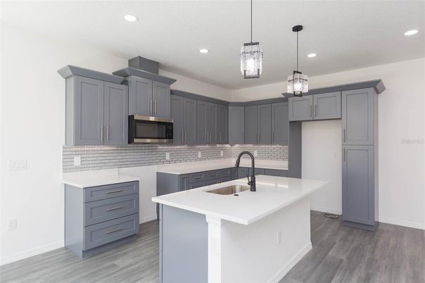 Interior, Kitchen, Pendant Lights, Recessed Lighting, Wood Texture Flooring