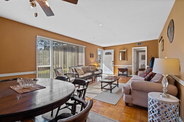 Dining room, Interior, Living room, Recessed Lighting, Wood Texture Flooring