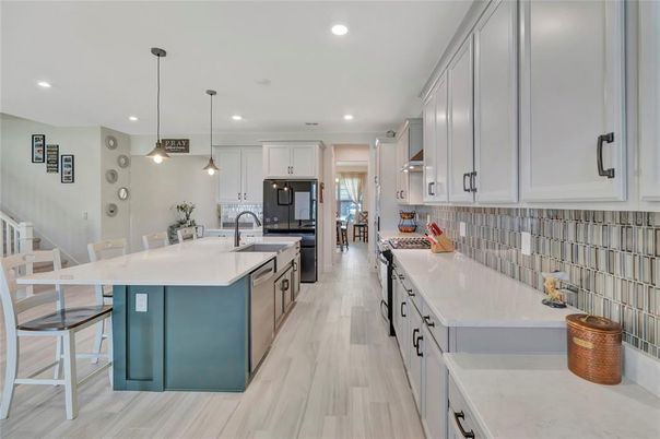 Interior, Kitchen, Pendant Lights, Recessed Lighting, Wood Texture Flooring