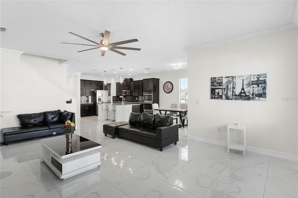 Dining room, Interior, Kitchen, Living room, Marble, Recessed Lighting, Stainless Steel Appliances