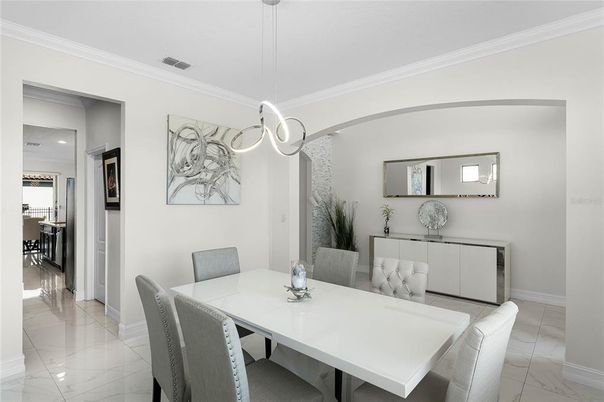 Dining room, Interior, Marble, Pendant Lights