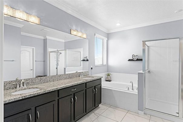 Bathroom, Dual Sink Vanities, Glass Shower, Interior, Marble, Recessed Lighting