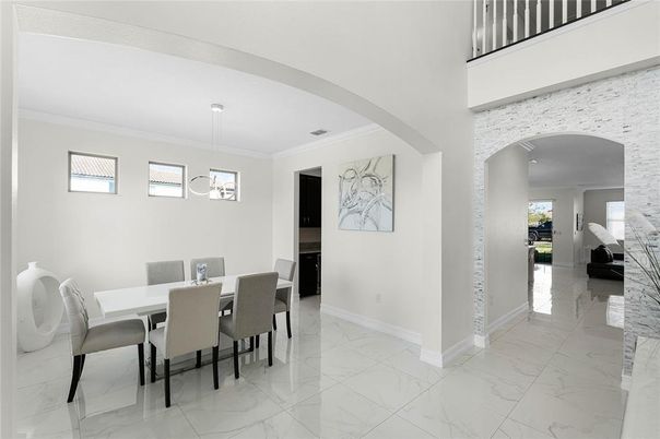 Dining room, Interior, Marble, Pendant Lights