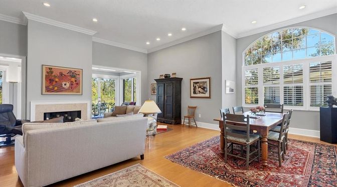 Dining room, Fireplace, Interior, Living room, Recessed Lighting, Wood Texture Flooring