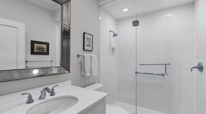 Bathroom, Glass Shower, Interior, Recessed Lighting
