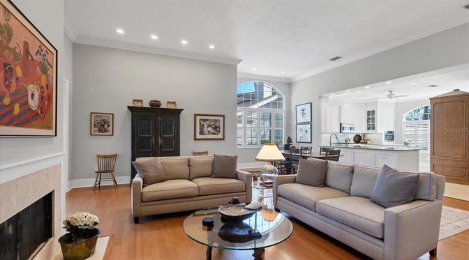 Fireplace, Interior, Kitchen, Living room, Recessed Lighting, Wood Texture Flooring