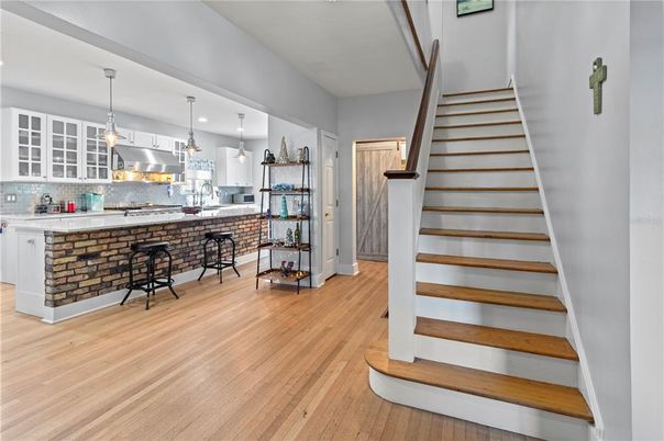 Interior, Kitchen, Pendant Lights, Stainless Steel Appliances, Wood Texture Flooring