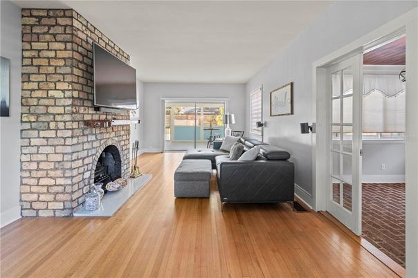 Fireplace, Interior, Living room, Stone Walls, Wood Texture Flooring