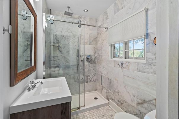 Bathroom, Glass Shower, Interior, Marble Walls, Recessed Lighting