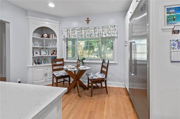 Dining room, Interior, Kitchen, Recessed Lighting, Stainless Steel Appliances, Wood Texture Flooring