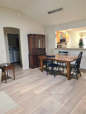 Dining room, Interior, Kitchen, Pendant Lights, Wood Texture Flooring